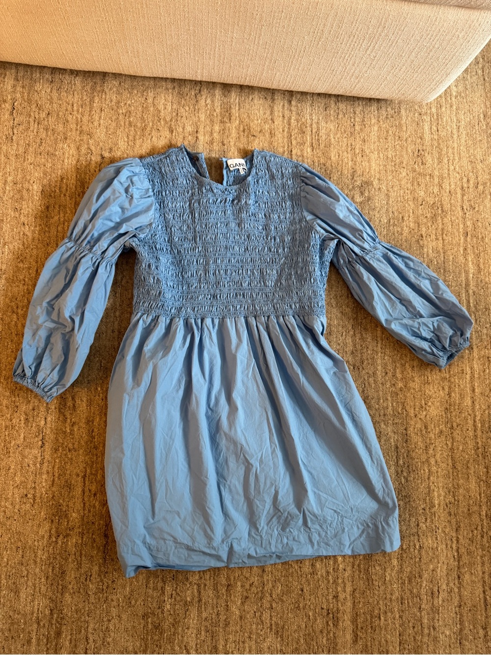 Ganni Light Blue Smocked Bodice Long Sleeve Dress - Picture 2 of 8